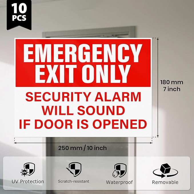 10 Pack Emergency Exit Only Security Alarm Will Sound If Door Is Opened Stickers 10 × 7 Inches Vinyl Self Adhesive Waterproof Safety Signs for Workplace Warehouse Office