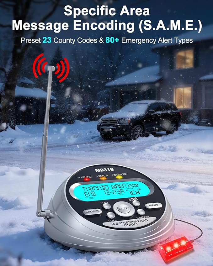 MD319 NOAA Weather Alert Radio with S.A.M.E Localized Programming, 23 County Codes & 80+ Emergency Alerts, Battery Backup, Alarm Clock, External Antenna and Warning Light for Home & Emergency