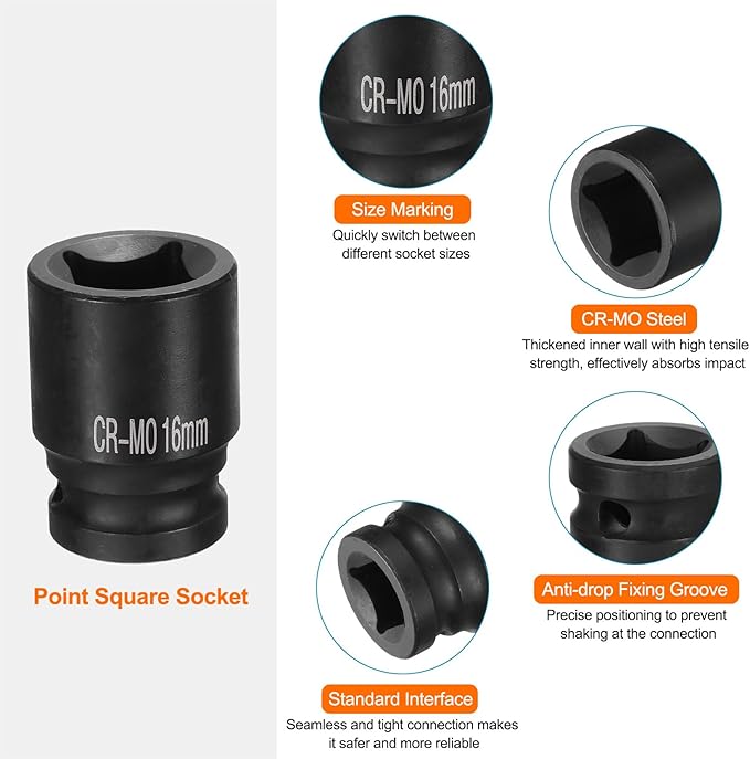 HARFINGTON 4 Point Square Socket 1/2" Drive 16mm Metric Square Impact Socket CR-MO Blackening Standard Wheel Sockets Pneumatic Socket Tool for Auto Repair Mechanical Maintenance Home Use