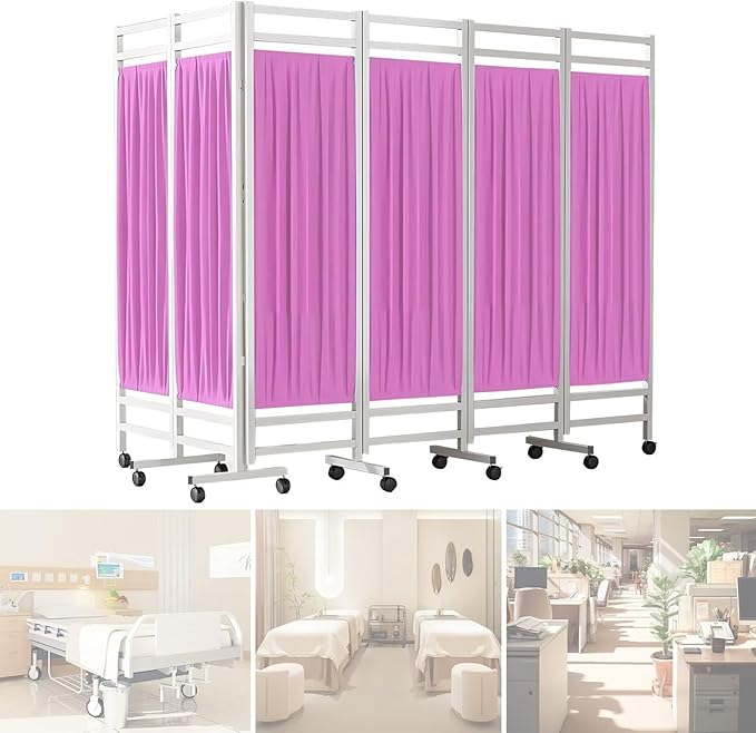 Medical Privacy Screen on Wheels, Foldable Medical Room Divider with Lockable casters, Waterproof Nylon Panel, Portable Privacy Screen for Room, Easy to Clean (Pink 6 Panels)