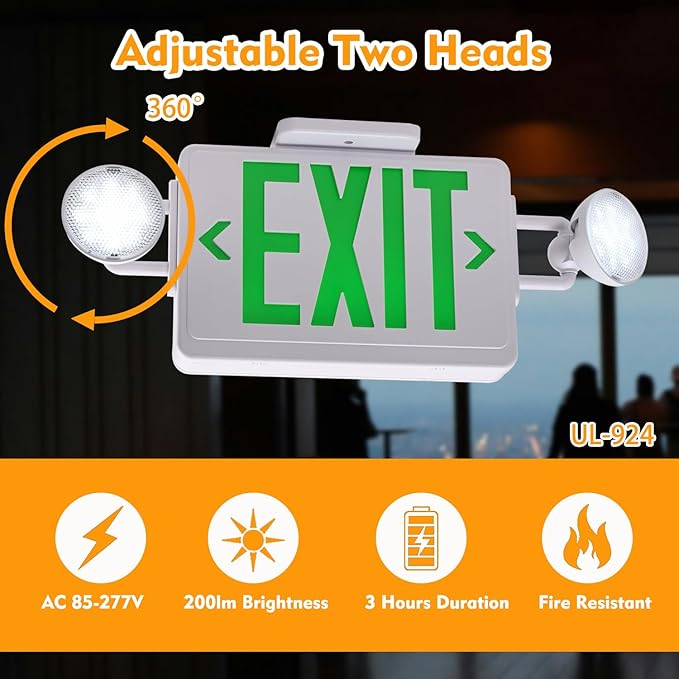 LED Exit Signs with Emergency Lights,200lm 3Hours Green Emergency Exit Sign with Lights Battery Backup, Double Face UL 924 AC85-277V Plug in Cord