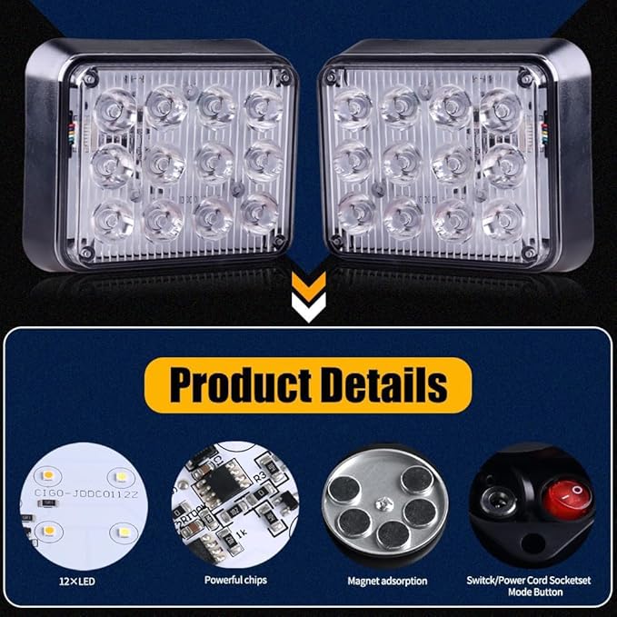 2PCS Magnetic Emergency Strobe Lights Rechargeable Amber White Hazard Warning Lights Magnetic Beacon Strobe Lights for Trucks Trailer Vehicle Car ATV Tow Bus