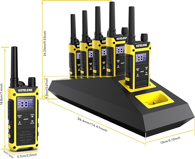 KETELESE T3F IP67 Waterproof Walkie Talkies, Rugged Two Way Radio with Earpiece, Triple Proof, Three Charging Options, FRS 2 Way Radio, NOAA, VOX (6 Pack), Black/Yellow
