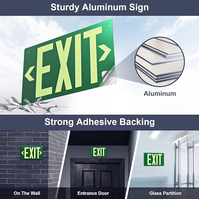 Photoluminescent Exit Sign Aluminum - Adhesive Backing Glow In The Dark - Removable Arrows Included - Pre-drilled Holes - 12x7 Inches - Non Electrical Green Exit Light For 50 Feet Visibility (1 Pack)