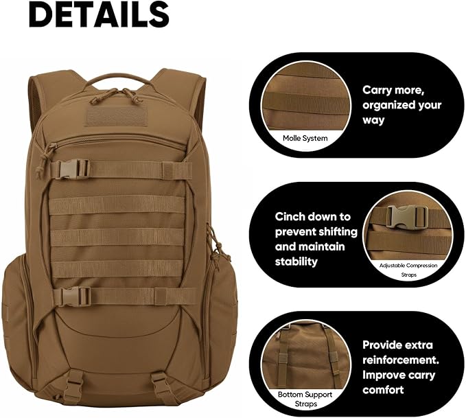 35L Tactical Backpack for Men, MOLLE Military Bug Out Bag, Waterproof Rucksack for Hiking with Hydration Port Tan