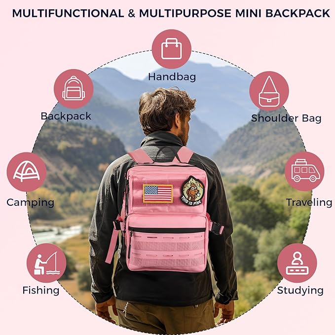 9L Mini Tactical Molle Backpack 9L Small Gym Bag Small Military Assault EDC Backpack for Men Women With Fishing,Hiking,Camping,Traveling,Yoga,Work(Pink)