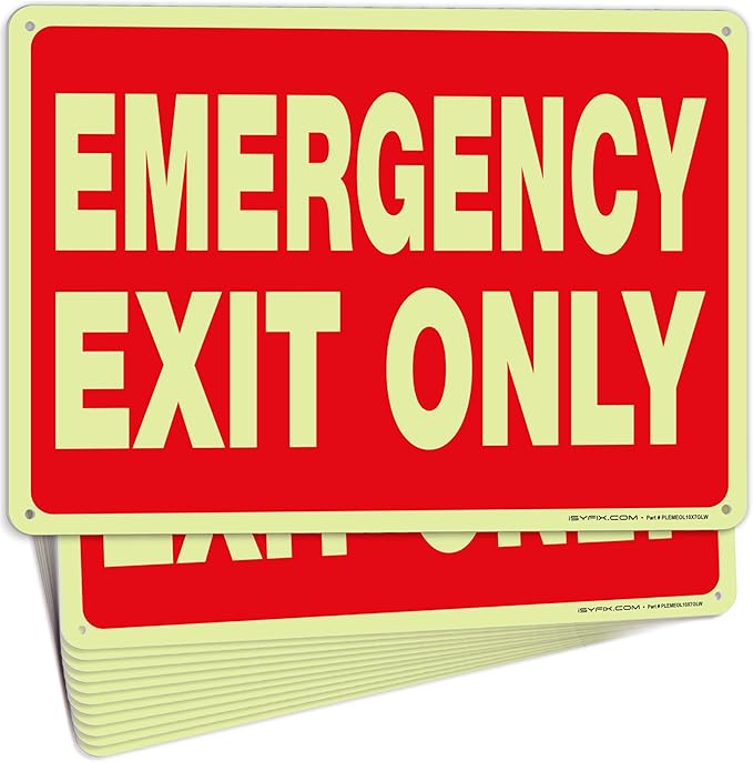 iSYFIX Emergency Exit Only Glow in the Dark Sign – 12 Pack 10x7 Inch – 40 mil Thick Polystyrene Plastic Sign, Laminated UV, Scratch & Fade Resistance, Waterproof, Indoor & Outdoor