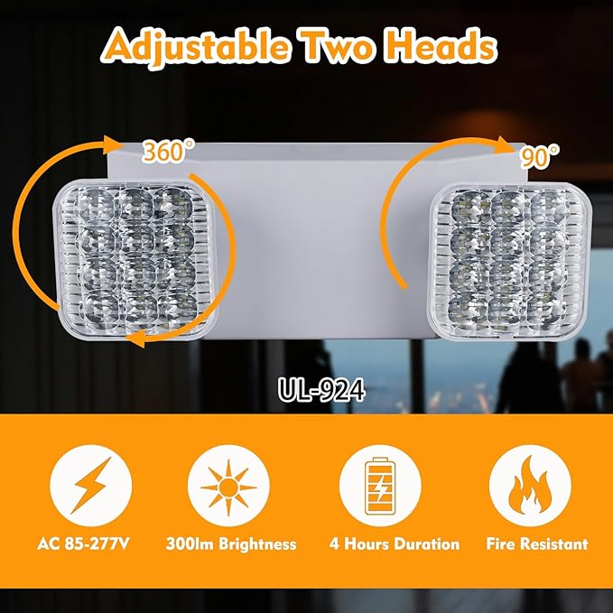 LED Emergency Lights with Plug in Cord for Business Home Power Failure,300lm 4Hours Emergency Exit Lighting Fixtures with Battery Backup,UL 924 AC85-277V