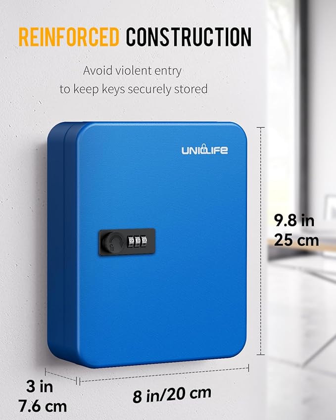 Uniclife 28 Keys Steel Key Cabinet with Resettable Code Blue Wall Mounted Key Organizer with Combination Lock Digital Security Box with Hooks and Large Key Tag Labels Identifiers in 5 Assorted Colors