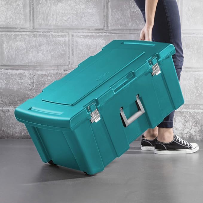 Sterilite 4-Pack Footlocker, Lockable Plastic Utility Storage Container Box, Teal - Heavy-Duty Organizing Containers for Home, Garage, Office, and Basement
