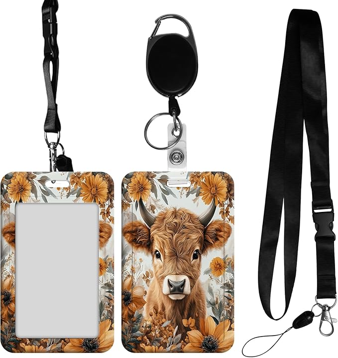 ID Badge Holder with Retractable Lanyard for Women & Men,Vertical ID Card Holder Wallet,Clear Window&Card Slot,Detachable Neck Strap for Nurse Teacher Office,Flowers Highland Cow