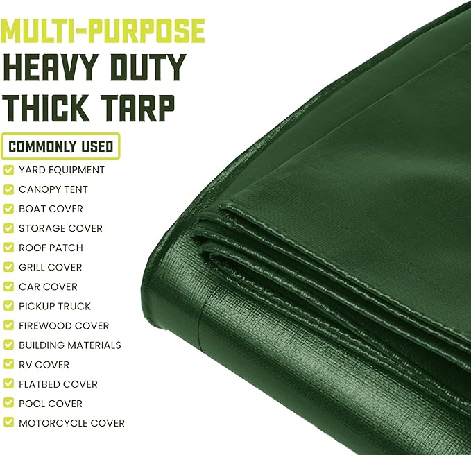 Core Tarps Heavy Duty 8 Mil Tarp Cover, Waterproof, UV Resistant, Rip and Tear Proof, Poly Tarpaulin with Reinforced Edges for Roof, Camping, Patio, Pool, Boat. (Green/Black 12′ X 20′)
