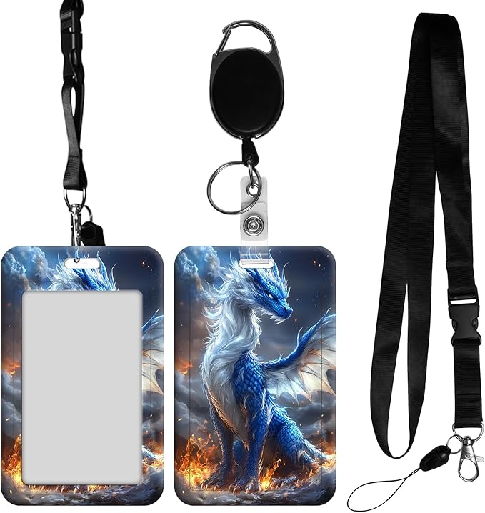 ID Badge Holder with Retractable Lanyard for Women & Men,Vertical ID Card Holder Wallet,Clear Window&Card Slot,Detachable Neck Strap for Nurse Teacher Office,Ice Fire Dragon