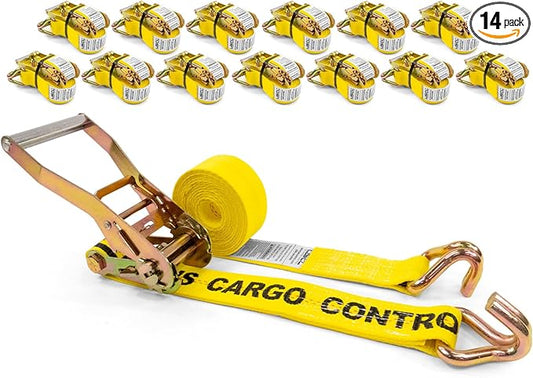 US Cargo Control Wire Hook Ratchet Straps 2 Inch x 12 Foot (14-Pack), 10,000 LBS Break Strength, Ratchet Straps Heavy Duty with Double J Hooks, Cargo Tie Downs for Flatbed Trailers and Trucks