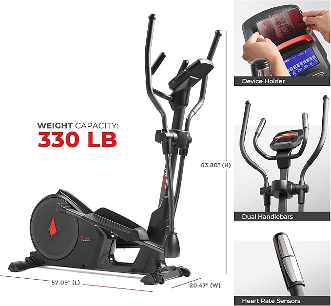 Sunny Health & Fitness Elliptical Cross Trainer Exercise Machine, Cardio Equipment for Home Gym with Pulse Sensor Grips, 24 Pre-Built Workouts, 16 Resistance Level Max 330Lbs, SunnyFit App Optional
