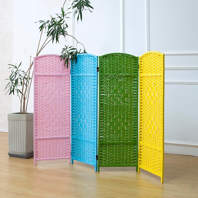 4 Panel Rattan Divider Short Room Partition Screen,Double Sided Folding Divider for Room Separation,Colorful,47.2" H x 63" W