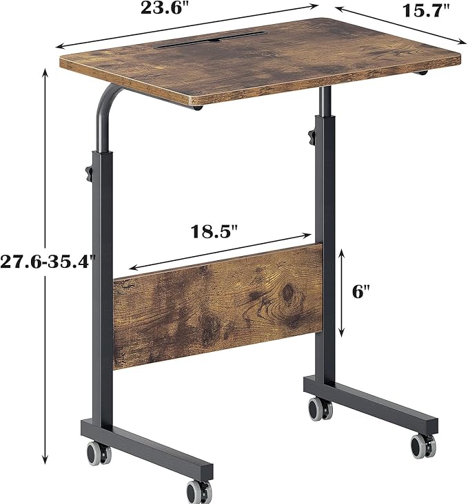 DlandHome Rolling Desk Mobile Standing Desk Mobile Side Table 23.6 Inches w/Wheels Adjustable Movable Portable Laptop Computer Stand for Bed Sofa,Retro,05-1-60FG