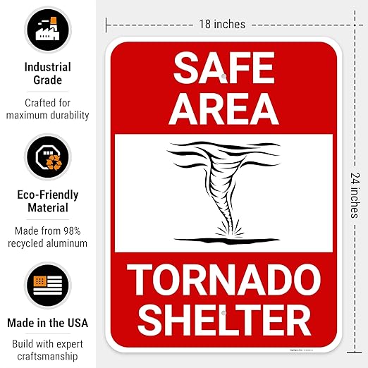Safe Area Tornado Shelter Sign, 18x24 Inches, 55 mil Thick HDPS (high Density polystyrene), Made in USA by Sigo Signs
