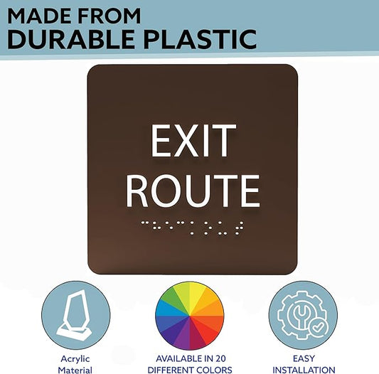 6" X6" Exit Route Sign - ADA Compliant Tactile Graphics Grade 2 Braille Text Acrylic Wall Signs - Building Fire Safety, Visibility, Emergency Response, Evacuation Door Sign