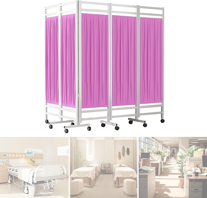 Medical Privacy Screen on Wheels, Foldable Medical Room Divider with Lockable casters, Waterproof Nylon Panel, Portable Privacy Screen for Room, Easy to Clean (Pink 5 Panels)