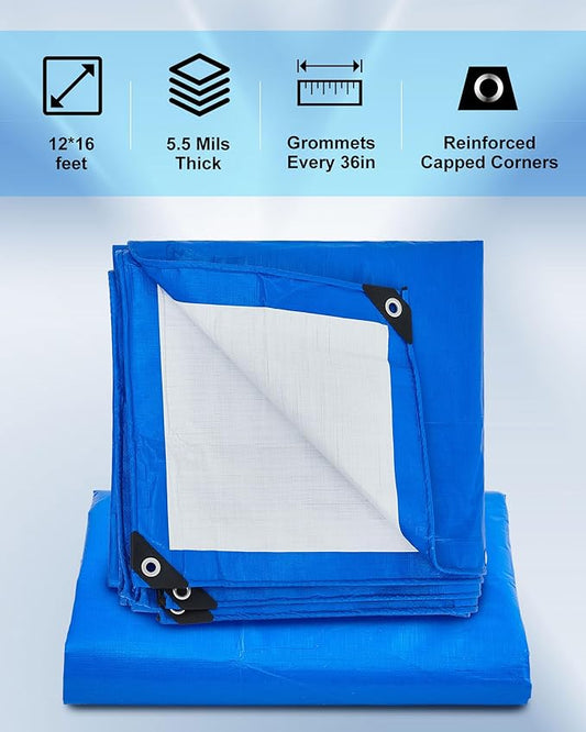 3 Pcs Large Waterproof Tarp 12 x 16 ft Heavy Duty 5.5 Mil Thick Poly Tarpaulin with Grommets Multipurpose Protective Cover for Summer Home Boats Cars Camping RV Pool Tent