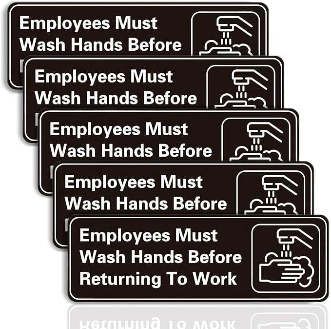 5 Pack Employees Must Wash Hands Sign,9 X 3 Inch Waterproof Acrylic Sign With Symbols,Self-Adhesive,Indoor/Outdoor Use for Hotels,Restaurants,Rest Areas,Salons,Public Restrooms