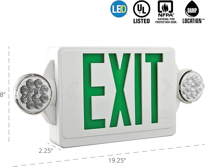 Lithonia Lighting LHQM LED G HO M6 LED Exit and Emergency Light Combo 2-Head Fixture, Green Letters and High Output Battery Backup