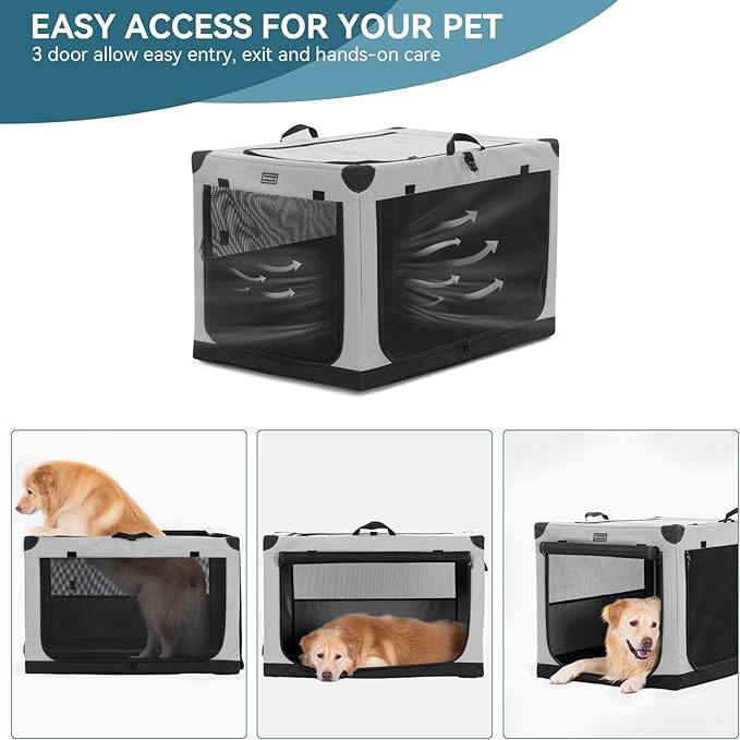 PETSFIT Soft Sided Dog Crate, with Patented Adjustable Fabric Cover, Chewproof & Lockable Mesh Doors, Waterproof Base Kennel Indoor Grey 36 Inch