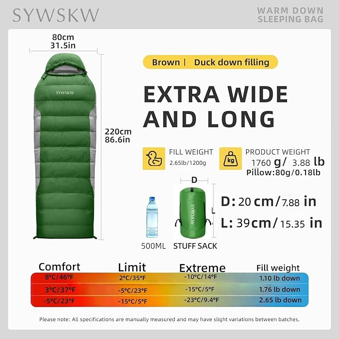 Down Sleeping Bag with Pillow, Ultralight Rectangular Sleeping Bag for Adults, Youth Backpacking,Hiking and Camping Outdoor with YKK Two-Way Zipper 680 FP Down
