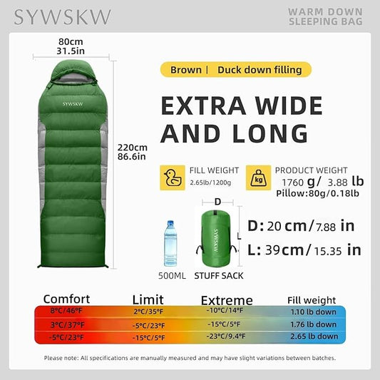 Down Sleeping Bag with Pillow, Ultralight Rectangular Sleeping Bag for Adults, Youth Backpacking,Hiking and Camping Outdoor with YKK Two-Way Zipper 680 FP Down