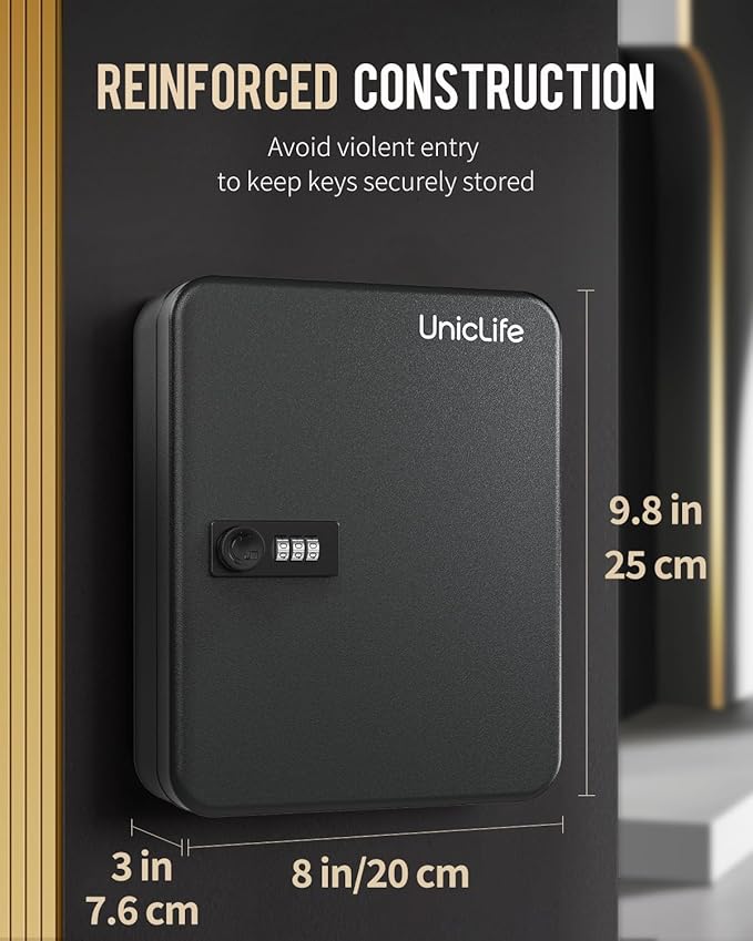 Uniclife 28 Position Key Cabinet with Combination Lock Resettable Black Digital Security Storage Box Steel Key Organizer with Colorful Key Tag Labels Stickers and Hooks