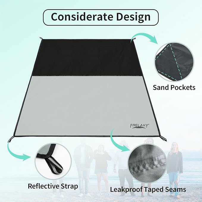 Frelaxy Pocket Picnic Blanket, Waterproof Sandproof Beach Mat, Compact Camping Tarp for Festivals, Hiking, Travel, Outdoor Recreation (Grey, 57'' x 71'')