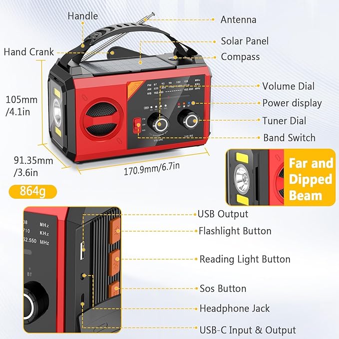 20000mAh Emergency Weather Radio with Wireless Speaker, 74000mWh NOAA/AM/FM Hand Crank Solar Radio with Flashlight Cell, Phone Charger, Compass, Reading Lamp, SOS Alarm