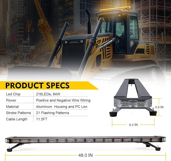 LUMENIX 48 Inch Rooftop Strobe Emergency Lights Bar Heavy-Duty Warning Flashing Traffic Lightbar w/White LED Alley and Take Down Light for Construction Vehicles Towing Work Trucks Snow Plows - Amber