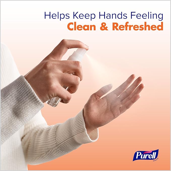 PURELL Hand Sanitizer Spray, Infused with Essential Oils, Tangerine and Pear Scent, 2 fl oz Travel-Size Pump Bottle (Pack of 6) – 2025-04-EC