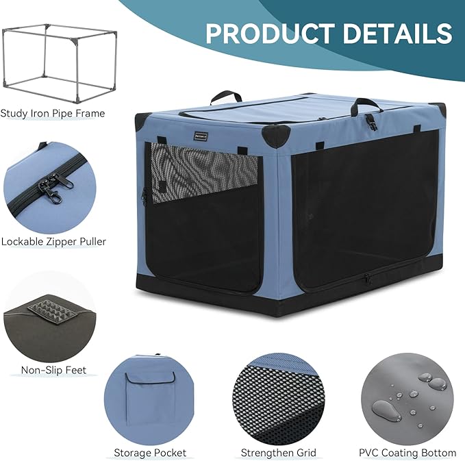 PETSFIT Soft Dog Crate, with Patented Adjustable Fabric Cover, Chewproof & Lockable Mesh Doors, Waterproof Base Collapsible Kennel Blue 40 Inch