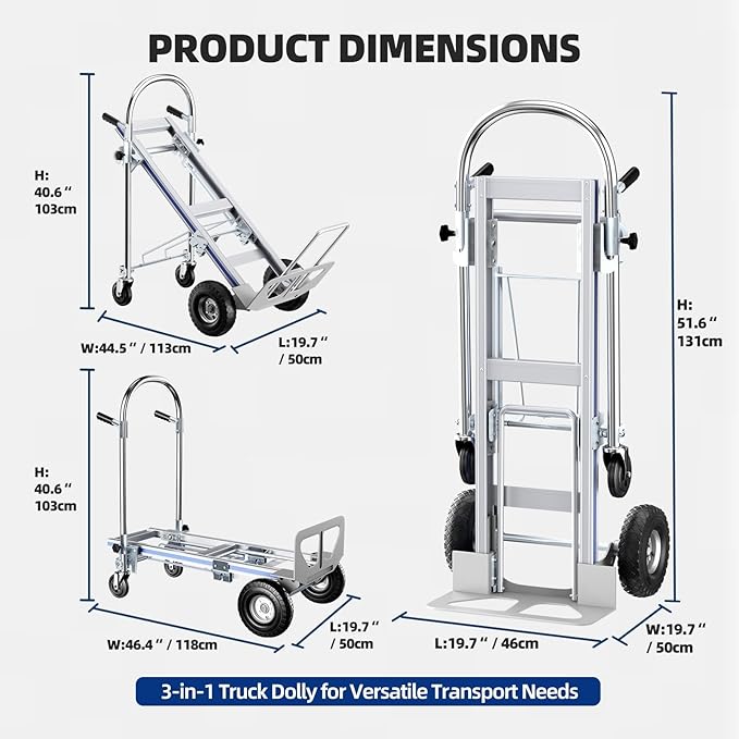 Aluminum Hand Truck, 3 in 1 Convertible Hand Truck Dolly 1000 Lbs Capacity, Pneumatic Wheels - Collapsible Heavy Duty Cart for Efficient Storage, Suit for Moving in Supermarket, Garden, Grass, Yard