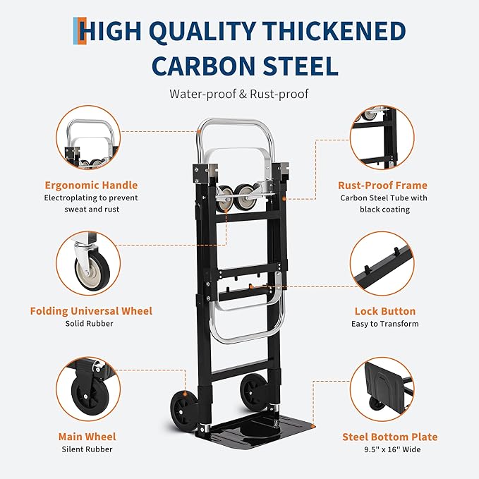 2 in 1 Convertible Hand Truck Dolly, 660 LBS Load Capacity Folding Cart with Wheels, Elastic Straps, Carbon Steel Collapsible Dolly Cart for Home, Warehouse, Supermarket, Office
