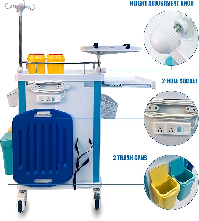 Pochar Medical Crash Cart with Emergency Accessory - Cardiac Board, IV Pole, O2 Holder, Power Strip, Trash Bin, Drawers with Dividers - Mobile Emergency Cart for Hospitals and Clinics