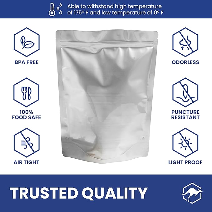 Wallaby 50 Count 1-Quart Gusset Mylar Bags with Labels, 12 Mil Total Thickness Long-Term Food Storage Pouches, 15x12 Stand-Up Zipper Heat-Sealable Airtight Packaging - Silver