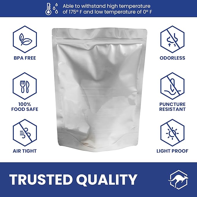 Wallaby 50 Count 2-Quart Gusset Mylar Bags with Labels, 14 Mil Total Thickness Long-Term Food Storage Pouches, 15x12 Stand-Up Zipper Heat-Sealable Airtight Packaging - Silver