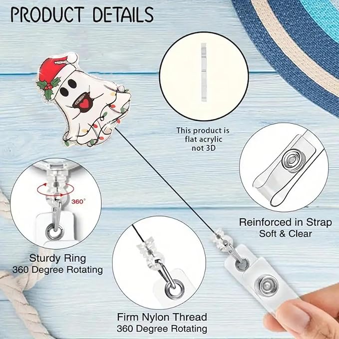 Christmas Heart Ghost Badge Reel Winter Holly Badge Holder with Acrylic Alligator Clip Cute Gifts for Nurse Nursing Medical Worker & Teacher Student Name Tag Decor | with 24” Durable Nylon Cord