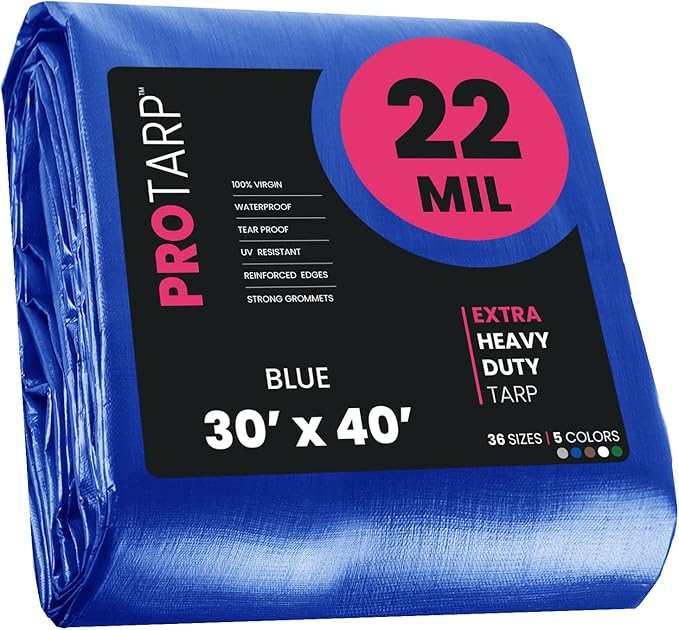 PROTARP Extreme Heavy Duty 22 Mil Tarp Cover, Waterproof, UV Resistant, Rip and Tear Proof, Poly Tarpaulin with Reinforced Edges for Roof, Camping, Patio, Pool, Boat. (Blue 30′ X 40′)