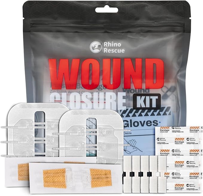 RHINO RESCUE Wound Closure Kit, 3 Types Butterfly Bandages with Bandages, Triple Antibiotic Ointment, Wound Closure Strips, Stitchless & Painless Stitch Zip Laceration Closure First Aid Kit