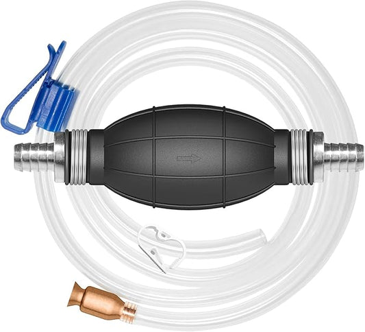 Hand Siphon Pump - Fuel Transfer Pump, Portable Gasoline Transfer Pump with 10 Ft PVC Hoses, Clip & Brass for Oil, Diesel, Water & Liquids.