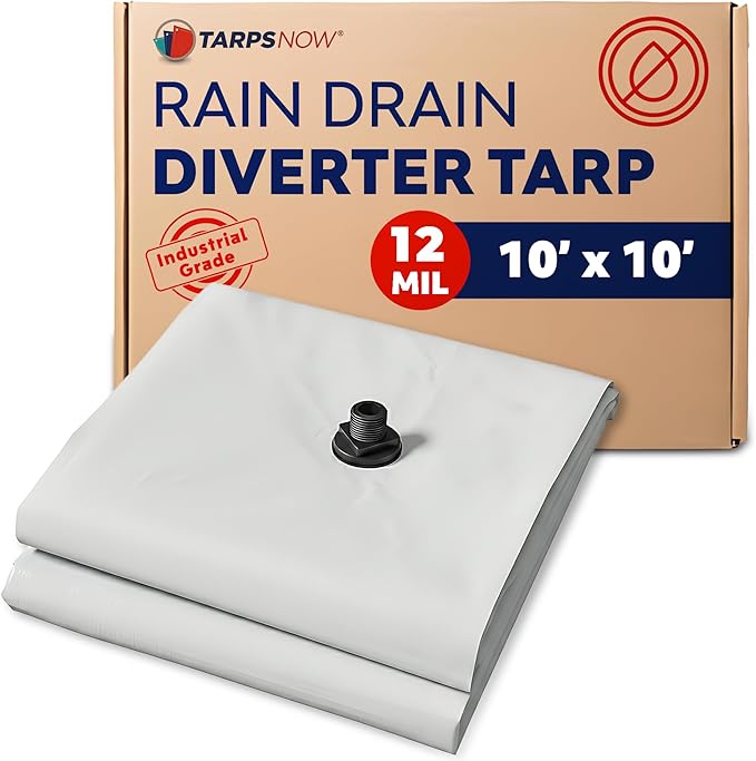 Heavy Duty Ceiling Leak Diverter Tarp with Drain Flange - Roof Water Diverter for Emergency Leaks - Water Leak Catcher with D-Rings - Effective Water Diverter - 5' x 20'