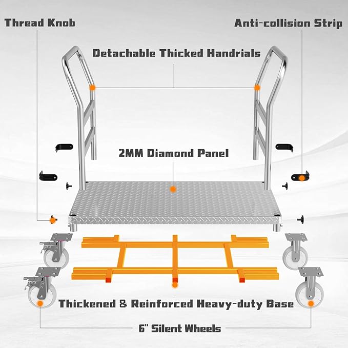 Platform Truck 3000LBS Capacity Industrial Flatbed Cart with 2 Detachable Handels, 44" x 28" Push Dolly with 6" Rubber Swivel Wheels, Heavy Duty Flat Cart Hand Truck for Industrial and Commercial
