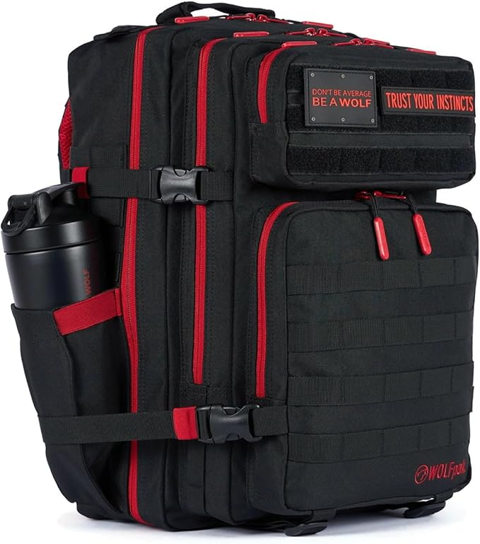WOLFpak 45L Athletic Gym Backpack - Durable 1000D Waterproof Oxford Material with MOLLE Webbing, Laptop Pocket & Dual Cup Holders, Durable Fitness/Travel/Military Daypack (Red Wolf)