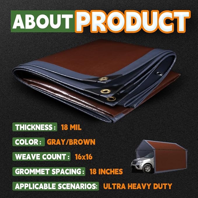 RAINDEWAY 6x6 Feet Super Heavy Duty Tarp 18 Mil, UV Resistant, Weatherproof, Multipurpose Waterproof Poly Tarp with Grommets and Reinforced Edges, Brown/Gray Tarps