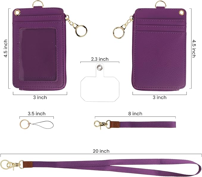 2-in-1 ID Badge Holder & Lanyard Wallet - Multi-Use Womens Small Wallet with Removable Wristlet & Neck Lanyard, Clear Window, 5 Card Slots, Phone Holder, Ring Keychain - Deep Purple